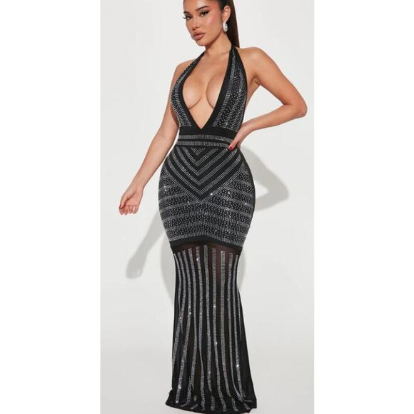 Unbranded Dresses & Skirts - Black Halter Top Deep V-Neck Open Back Sheer Rhinestone Long Dress Size XXXL